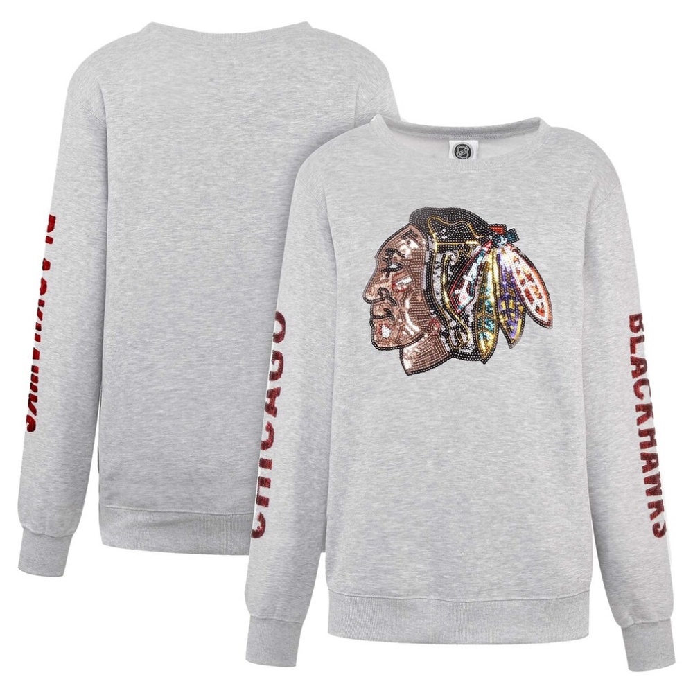 Cuce Women's Chicago Blackhawks Sequin Pullover Sweatshirt Grey Size S